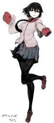 Rule 34 | 1girl, black eyes, black hair, black pantyhose, blouse, dated, full body, highres, leg up, loafers, looking at viewer, monogatari (series), necktie, oshino ougi, pantyhose, parted lips, pink shirt, pleated skirt, school uniform, shirt, shoes, short hair, sigama, simple background, skirt, sleeves past wrists, solo, teeth, white background