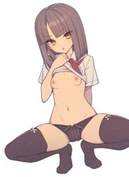 Rule 34 | 1girl, black panties, black thighhighs, bow, bow legwear, bow panties, breasts, brown hair, clothes lift, everyntrge, female focus, lifting own clothes, light blush, looking at viewer, medium hair, navel, neckerchief, no shoes, open mouth, original, panties, red neckerchief, sailor collar, shirt, shirt lift, short sleeves, simple background, small breasts, solo, spread legs, squatting, thighhighs, underwear, white background, white shirt, yellow eyes