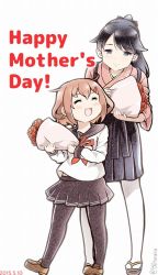 Rule 34 | 10s, 2girls, :d, ^ ^, anchor symbol, black hair, black legwear, black skirt, bouquet, brown hair, carnation, commentary request, dated, english text, closed eyes, fang, flower, hair ornament, hairclip, high ponytail, houshou (kancolle), ikazuchi (kancolle), japanese clothes, kantai collection, kimono, long sleeves, mother&#039;s day, multiple girls, neckerchief, open mouth, pantyhose, pleated skirt, ponytail, school uniform, serafuku, short hair, skirt, smile, tanaka kusao, thighhighs, twitter username, white legwear