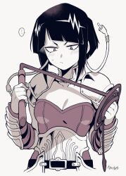 Rule 34 | ..., 1girl, alternate costume, armor, blush, boku no hero academia, breasts, cleavage, gauntlets, greyscale, highres, holding, holding whip, jirou kyouka, monochrome, official alternate costume, shoulder armor, small breasts, sweatdrop, takatsuki ichi, whip