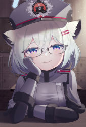 Rule 34 | 1girl, absurdres, animal ears, bespectacled, blue archive, blue hair, blush, calciumin, epaulettes, glasses, gloves, hair ornament, hairclip, hand on own chin, hat, highres, looking at viewer, military, military hat, military uniform, purple eyes, shigure (blue archive), short hair, smile, solo, uniform, visor cap