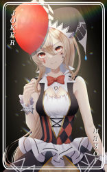 Rule 34 | 1girl, absurdres, alternate costume, ayanami (azur lane), azur lane, balloon, breasts, card, cleavage, commentary request, english text, facial tattoo, framed image, frilled skirt, frills, hair between eyes, hat, highres, holding, holding balloon, jester, jester cap, joker (playing card), konparu uran, long hair, looking at viewer, orange eyes, playing card, ponytail, scrunchie, sidelocks, silver hair, simple background, skirt, smile, solo, tattoo, wrist scrunchie