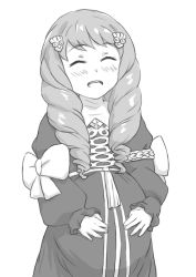 Rule 34 | 1girl, ^ ^, closed eyes, drill hair, closed eyes, fire emblem, fire emblem: three houses, flayn (fire emblem), greyscale, hair ornament, hand on own stomach, kuhuku006f86, long hair, monochrome, nintendo, open mouth, pregnant, smile, solo