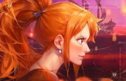 Rule 34 | 1girl, blush, closed mouth, commentary, earrings, english commentary, from side, hair behind ear, high ponytail, highres, jewelry, jolly roger, lips, long hair, looking to the side, nami (one piece), one piece, orange eyes, orange hair, outdoors, pearl earrings, pirate ship, portrait, profile, red shirt, ship, shirt, sidelocks, signature, smile, solo, straw hats jolly roger, upper body, watercraft, yellow (huang-hotdog)