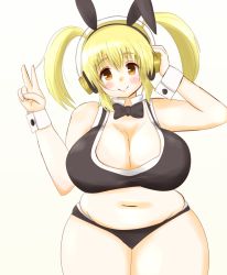 Rule 34 | 1girl, bikini, blonde hair, breasts, brown eyes, cleavage, highres, huge breasts, nitroplus, plump, solo, super pochaco, swimsuit, thick thighs, thighs, twintails, wide hips