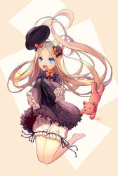 Rule 34 | 1girl, :o, abigail williams (fate), barefoot, black bow, black dress, black hat, blonde hair, bloomers, blue eyes, blush, bow, bug, butterfly, commentary request, dduck kong, dress, fate/grand order, fate (series), forehead, hair bow, hat, highres, insect, long hair, long sleeves, looking at viewer, open mouth, orange bow, parted bangs, polka dot, polka dot bow, signature, sleeves past fingers, sleeves past wrists, solo, stuffed animal, stuffed toy, teddy bear, teeth, underwear, unworn hat, unworn headwear, upper teeth only, very long hair, white bloomers