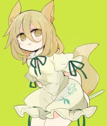 Rule 34 | 1girl, 76gpo, animal ears, blonde hair, fox ears, fox tail, green background, hair between eyes, jumpsuit, kudamaki tsukasa, looking at viewer, open mouth, short hair, simple background, smile, solo, standing, tail, touhou