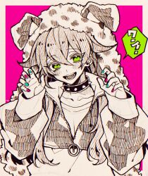 Rule 34 | 1girl, ?, ??, absurdres, animal ears, animal hat, black collar, blue nails, border, breasts, cleavage, collar, crop top, dog ears, fake animal ears, hat, highres, imai misa, long hair, looking at viewer, nie3nie3, open mouth, pink background, purple nails, small breasts, smile, solo, teeth, toraware no yakata, white border