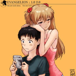 Rule 34 | 00s, 1boy, 1girl, 2008, bare arms, bare shoulders, black hair, blush, brown hair, collarbone, copyright name, couple, evangelion: 1.0 you are (not) alone, evangelion: 2.0 you can (not) advance, handheld game console, ikari shinji, ikeda (cpt), interface headset, long hair, neon genesis evangelion, nerv, rebuild of evangelion, shirt, short hair, simple background, souryuu asuka langley, t-shirt, tank top, tsundere, twintails, upper body, wonderswan, yellow background