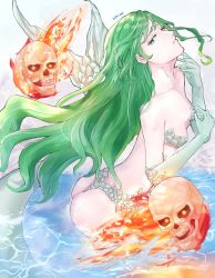 Rule 34 | artist name, ass, breasts, butt crack, fins, fish tail, green eyes, green hair, highres, looking back, mermaid, mermaid (megami tensei), monster girl, on water, shin megami tensei, shin megami tensei iv final, shin megami tensei v, simple background, skull, small breasts, solo, tail, volpe sai, water