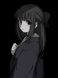 Rule 34 | 1girl, arm at side, bow, brown eyes, commentary request, dilated pupils, empty eyes, expressionless, from side, gegege no kitarou, greyscale, hair bow, half updo, hand on own chest, hand up, highres, japanese clothes, kimono, kitarou tanjou: gegege no nazo, long hair, long sleeves, looking at viewer, monochrome, obi, parted lips, ryuuga sayo, sash, shiirodesu, sidelocks, simple background, solo, spot color, upper body