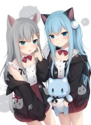 Rule 34 | 2girls, :p, :t, akanbe, amashiro natsuki, animal ears, bad id, bad pixiv id, black jacket, blue eyes, blue hair, blush, bow, bowtie, candy, cat ears, cat girl, cat tail, closed mouth, collar, detached collar, eyelid pull, fake animal ears, food, food-themed hair ornament, food in mouth, grey hair, hair ornament, high-waist skirt, highres, holding, holding stuffed toy, hood, hood down, hooded jacket, jacket, lollipop, long hair, looking at viewer, multiple girls, nachoneko, nekoha shizuku, open clothes, open jacket, original, pleated skirt, red neckwear, red skirt, shirt, skirt, sleeveless, sleeveless shirt, smile, stuffed animal, stuffed cat, stuffed toy, tail, tongue, tongue out, very long hair, white background, white collar, white shirt