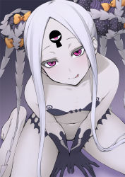 Rule 34 | 1girl, abigail williams (fate), abigail williams (swimsuit foreigner) (fate), abigail williams (swimsuit foreigner) (first ascension) (fate), bare shoulders, bikini, black bikini, black bow, blush, bow, breasts, closed mouth, collarbone, colored skin, double bun, fate/grand order, fate (series), forehead, hair bun, hat, keyhole, licking lips, long hair, looking at viewer, micro bikini, mikagami sou, multiple bows, navel, orange bow, parted bangs, purple eyes, sidelocks, sitting, small breasts, smile, swimsuit, thighs, third eye, tongue, tongue out, very long hair, wariza, white hair, white skin