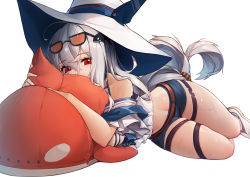 Rule 34 | 1girl, absurdres, ahoge, arknights, bare legs, belt, blue shorts, breasts, brown belt, commentary, eyewear on head, full body, hair between eyes, hair ornament, hat, highres, hugging doll, hugging object, iku! iku!!, long hair, looking at viewer, lying, midriff, off shoulder, official alternate costume, on side, orca hair ornament, red eyes, sandals, shirt, short shorts, shorts, silver hair, simple background, skadi (arknights), skadi (waverider) (arknights), solo, stuffed orca, sun hat, sunglasses, symbol-only commentary, thigh strap, very long hair, wet, white background, white hat, white shirt