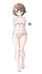 1girl absurdres alternate_costume barefoot bikini blush breasts brown_eyes brown_hair closed_mouth commentary_request creatures_(company) flying_sweatdrops full_body game_freak gloria_(pokemon) highres knees navel nintendo pokemon pokemon_swsh short_hair simple_background solo swimsuit tax2rin thigh_gap toes variant_set white_background