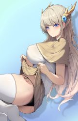Rule 34 | 1girl, antlers, ass, blue eyes, blush, breasts, capelet, cloak, clothes lift, covered erect nipples, ddangbi, diffraction spikes, from side, highres, horns, large breasts, legs folded, light brown hair, long hair, looking at viewer, lying, on side, original, panties, pursed lips, shirt tucked in, side-tie panties, simple background, skirt, skirt lift, solo, thighhighs, thighs, underwear, white thighhighs, zettai ryouiki