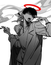 1boy absurdres chinese_clothes genkaida greyscale hakutaku_(hoozuki_no_reitetsu) halo highres hoozuki_no_reitetsu lab_coat looking_at_viewer monochrome solo tongue tongue_out