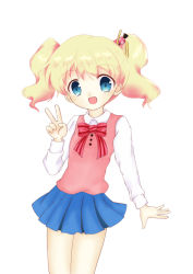 Rule 34 | 10s, 1girl, alice cartelet, blonde hair, blue eyes, blue skirt, bow, bowtie, hair ornament, ichigoantenna, kin-iro mosaic, long sleeves, open mouth, red bow, red bowtie, simple background, skirt, smile, solo, striped bow, striped bowtie, striped clothes, striped neckwear, twintails, v, white background