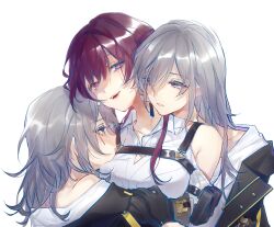 Rule 34 | 3girls, arm pouch, black gloves, chinese commentary, clone, clothing cutout, collared shirt, commentary request, dual persona, earrings, eye contact, from side, girl sandwich, gloves, grey hair, hand on another&#039;s arm, highres, honkai: star rail, honkai (series), hug, jewelry, kafka (honkai: star rail), looking at another, medium hair, motuwangchuan, multiple girls, open mouth, parted lips, pink eyes, pout, purple hair, sandwiched, shirt, shoulder cutout, simple background, smile, stelle (honkai: star rail), trailblazer (honkai: star rail), upper body, white background, white shirt, yellow eyes, yuri