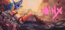 Rule 34 | 1girl, blue hair, boots, braid, bullet, gloves, highres, jinx (league of legends), league of legends, long hair, pink eyes, pipay, tattoo, twin braids, twintails, weapon