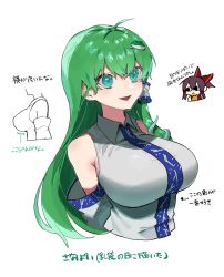 Rule 34 | 2girls, ahoge, aqua eyes, armpit crease, bare shoulders, black eyes, bow, breasts, brown hair, chibi, chibi inset, collared shirt, commentary request, crop top, detached sleeves, frog hair ornament, fuuga (perv rsity), green hair, hair bow, hair ornament, hair tubes, hakurei reimu, highres, how to, impossible clothes, kochiya sanae, large breasts, light blush, long hair, multiple girls, no pupils, open mouth, ponytail, red bow, shirt, simple background, sleeveless, sleeveless shirt, snake hair ornament, star (symbol), star in eye, symbol in eye, taut clothes, touhou, translation request, white background, white shirt, wing collar, yellow neckwear