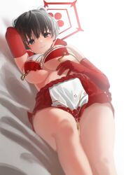 Rule 34 | 1girl, absurdres, animal ears, black hair, blue archive, halo, highres, looking at viewer, lying, on bed, short hair, solo, tsubaki (blue archive), zyaki