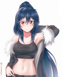 Rule 34 | 1girl, absurdres, arm behind head, armpits, bad id, bad pixiv id, bare shoulders, black jacket, black pants, black tank top, blue hair, blush, breasts, busterbeam, cleavage, collarbone, commentary, commission, crop top, fur-trimmed jacket, fur trim, groin, hair between eyes, highres, jacket, jin sahyuk, large breasts, long hair, long sleeves, looking at viewer, midriff, navel, open clothes, open jacket, pants, ponytail, red eyes, sidelocks, simple background, smile, solo, standing, tank top, taut clothes, the novels extra, twitter username, upper body, very long hair, white background