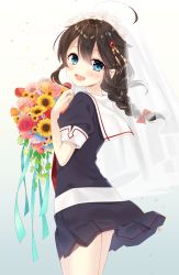 Rule 34 | 1girl, ahoge, black serafuku, blue eyes, blush, bouquet, braid, brown hair, commentary request, flower, hair between eyes, hair flaps, hair ornament, hair ribbon, kantai collection, looking at viewer, looking back, naoto (tulip), open mouth, ribbon, school uniform, serafuku, shigure (kancolle), shigure kai ni (kancolle), single braid, smile, solo, veil