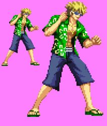 Rule 34 | 1boy, abs, bare arms, blonde hair, clenched hand, collared shirt, commentary request, fighting stance, floral print, full body, green shirt, grey shorts, hands up, lowres, mummy-e, open clothes, open shirt, pink background, pixel art, shirt, short hair, short sleeves, shorts, simple background, solo, spiked hair, standing, sunglasses, toaru majutsu no index, toaru majutsu no index: old testament, toned, toned male, tsuchimikado motoharu