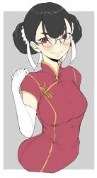 Rule 34 | 1girl, arm behind back, black hair, blush, brown eyes, china dress, chinese clothes, closed mouth, commentary, cropped torso, double bun, dress, elbow gloves, gloves, grey-framed eyewear, grey background, hair bun, hair ribbon, highres, ina (gokihoihoi), light blush, looking at viewer, mole, mole under eye, original, outside border, red dress, ribbon, rimless eyewear, short hair, short sleeves, simple background, smile, solo, standing, thick eyebrows, upper body, white gloves, white ribbon