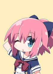 Rule 34 | 1girl, ;o, arm behind head, arm up, blue bow, blue dress, blue eyes, bow, brown background, collarbone, commentary request, dress, hair between eyes, hair bow, highres, looking at viewer, one eye closed, original, osaragi mitama, parted lips, pink hair, ponytail, red bow, sailor collar, sailor dress, short sleeves, simple background, solo, upper body, white sailor collar