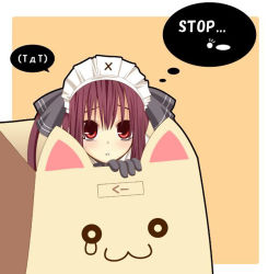 Rule 34 | 1girl, :3, bag, cat, in container, kooh, maid headdress, pangya, papel, red eyes, red hair, solo, tears, twintails
