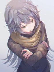 Rule 34 | 1girl, alice gear aegis, closed mouth, crossed arms, from above, from below, green eyes, grey hair, highres, lips, long sleeves, nica (32400260), scarf, shinonome chie, solo