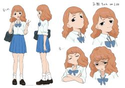 Rule 34 | 1girl, :d, :|, bag, black eyes, black footwear, blue bow, blue neckwear, blue skirt, blush, bow, bowtie, brown hair, character sheet, closed mouth, collared shirt, crossed arms, hand up, highres, looking at viewer, medium hair, miniskirt, multiple views, open mouth, original, osame, parted lips, pleated skirt, sanpaku, school uniform, shaded face, shindan maker, shirt, shoes, shoulder bag, skirt, smile, socks, v, white legwear, white shirt, wing collar