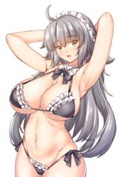 Rule 34 | 1girl, armpits, arms behind head, arms up, bad id, bad pixiv id, bikini, black bikini, blush, breasts, cleavage, fate/grand order, fate (series), grey hair, groin, highres, jeanne d&#039;arc (fate), jeanne d&#039;arc alter (avenger) (fate), jeanne d&#039;arc alter (fate), large breasts, long hair, looking at viewer, navel, open mouth, shirokuma a, simple background, solo, swimsuit, white background, yellow eyes