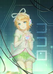 Rule 34 | 1girl, akano sakura, bare shoulders, blonde hair, blue eyes, bow, bracelet, detached sleeves, hair bow, hair ornament, hairclip, headphones, heart, holding, holding heart, jewelry, kagamine rin, kokoro (vocaloid), lace, navel, puffy detached sleeves, puffy shorts, puffy sleeves, shirt, shorts, smile, solo, thighhighs, vocaloid, wire