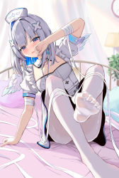 Rule 34 | 1girl, absurdres, amane kanata, amane kanata (nurse), armband, bandaged arm, bandages, bed, blue hair, breasts, colored inner hair, feet, foreshortening, grey hair, hair ornament, hairclip, hat, highres, hololive, kasyu nuts392, medium hair, multicolored hair, nurse, nurse cap, official alternate costume, open mouth, pantyhose, parted lips, pillow, purple eyes, sitting, small breasts, solo, virtual youtuber, white pantyhose