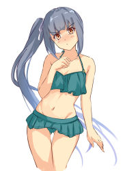 Rule 34 | 1girl, bikini, brown eyes, collarbone, commentary request, frilled bikini, frills, gluteal fold, green bikini, grey hair, groin, head tilt, highres, kantai collection, kasumi (kancolle), long hair, looking at viewer, midriff, navel, one-hour drawing challenge, side ponytail, simple background, solo, swimsuit, umegae ousuke, very long hair, white background