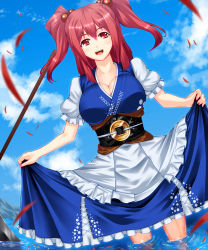 Rule 34 | 1girl, apron, belt, blue sky, blurry, breasts, cleavage, clothes lift, cloud, coin, collarbone, day, depth of field, dutch angle, female focus, fingernails, fumizuki homura, hair bobbles, hair ornament, large breasts, looking at viewer, nail polish, onozuka komachi, open mouth, petals, puffy short sleeves, puffy sleeves, red eyes, red hair, scythe, short hair, short sleeves, skirt, skirt lift, sky, soaking feet, solo, standing, touhou, twintails, two side up, vest, wading, waist apron, water
