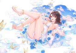 Rule 34 | 1girl, armpits, artist name, ass, atdan, bare legs, bare shoulders, barefoot, blue flower, breasts, brown hair, bug, butterfly, cleavage, commentary request, dress, feet, flower, bug, large breasts, legs up, looking at viewer, lying, off shoulder, on back, open clothes, open shirt, original, panties, parted lips, red eyes, revision, rose, shirt, short hair, sleeveless, sleeveless dress, smile, soles, solo, thighs, toes, underwear, water, wet, white dress, white panties, white shirt
