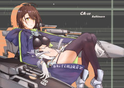 Rule 34 | 1girl, abstract background, absurdres, ahoge, armor, azur lane, baltimore (azur lane), black thighhighs, blue coat, blush, braid, breasts, brown hair, center opening, chain, character name, chinese commentary, clothing cutout, coat, collar, colored shadow, commentary request, drop shadow, faulds, french braid, full body, garter straps, gloves, green background, hair between eyes, highres, hood, hood down, hooded coat, knees up, large breasts, leotard, long sleeves, looking at viewer, machinery, midriff, multicolored coat, navel, open mouth, parted lips, pelvic curtain, rigging, rudder footwear, shadow, shiny clothes, short hair, side slit, sidelocks, sitting, solo, stomach cutout, thighhighs, turret, underboob, underboob cutout, white gloves, white leotard, yellow eyes, yuking