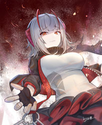 Rule 34 | 1girl, antennae, arknights, black gloves, black scarf, breasts, brown eyes, chinese commentary, commentary request, fingerless gloves, gloves, highres, horns, jacket, large breasts, long sleeves, looking at viewer, open clothes, open jacket, scarf, shiliuyexiaohei, shirt, short hair, silver hair, skirt, solo, w (arknights), white shirt