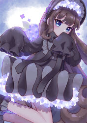 Rule 34 | 1girl, black dress, black ribbon, blue eyes, bonnet, brown hair, commentary request, covering own mouth, dress, flower, hand over own mouth, hands up, hydrangea, jinno (jin c kkry), kurosu aroma, long hair, long ribbon, looking at viewer, neck ribbon, pretty series, pripara, purple flower, ribbon, sleeves past fingers, sleeves past wrists, solo
