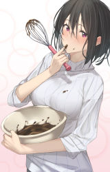 Rule 34 | 1girl, black hair, bowl, breasts, chocolate, commentary request, eating, finger in own mouth, food, food on clothes, food on face, hair between eyes, hand up, highres, holding, holding bowl, holding whisk, large breasts, looking at viewer, original, pallad, purple eyes, short hair, sleeves rolled up, solo, striped clothes, striped sweater, sweater, turtleneck, turtleneck sweater, vertical-striped sweater, whisk, white sweater