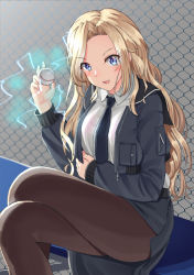 Rule 34 | baseball, black jacket, black necktie, black pantyhose, black skirt, blonde hair, bomber jacket, breasts, chain-link fence, crossed legs, dress shirt, electricity, feet out of frame, fence, grey eyes, hornet (kancolle), jacket, kantai collection, large breasts, long hair, looking at viewer, mayura (lucadia), necktie, pantyhose, pencil skirt, shirt, sitting, skirt, solo, thighs, white shirt