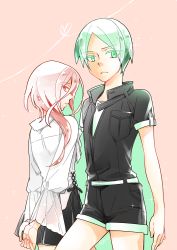 Rule 34 | alternate costume, androgynous, arms behind back, bad id, bad pixiv id, contemporary, gender request, green eyes, green hair, houseki no kuni, long hair, looking at viewer, overalls, phosphophyllite, red eyes, red hair, cinnabar (houseki no kuni), shizaki asuka, short hair, shorts, skirt