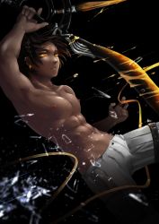 Rule 34 | 1boy, abs, arknights, arm up, armpits, black background, black hair, blurry, blurry foreground, broken glass, brown hair, collarbone, commentary request, cowboy shot, dark-skinned male, dark skin, earrings, forehead, glass, holding, holding weapon, jewelry, male focus, multicolored hair, muscular, muscular male, navel, nipples, pants, parted lips, short hair, simple background, solo, sonnyu, streaked hair, thigh strap, thorns (arknights), topless male, two-tone hair, v-shaped eyebrows, weapon, white pants, yellow eyes