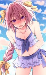 Rule 34 | 1boy, :d, arms behind back, astolfo (fate), bare arms, bare shoulders, bent over, bikini, blue sky, blush, bow, braid, cloud, collarbone, cowboy shot, day, fang, fate/apocrypha, fate/grand order, fate (series), from below, full-face blush, hair between eyes, hair bow, hair intakes, highres, layered bikini, legs apart, long hair, looking at viewer, looking down, low-tied long hair, male focus, multicolored hair, navel, official alternate costume, open mouth, orange bow, outdoors, pink hair, purple bikini, purple eyes, purple ribbon, ribbon, shisei (kyuushoku banchou), single braid, sky, smile, standing, stomach, streaked hair, swimsuit, thighs, trap, tsurime, twitter username, very long hair, white hair