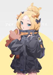 Rule 34 | 1girl, abigail williams (fate), abigail williams (traveling outfit) (fate), absurdres, bandaid, bandaid on face, bandaid on forehead, belt, black bow, black jacket, blonde hair, blue eyes, bow, breasts, character name, crossed bandaids, fate/grand order, fate (series), forehead, hair bow, hair bun, heroic spirit traveling outfit, high collar, highres, jacket, long hair, long sleeves, miyu10366, multiple hair bows, official alternate costume, open mouth, orange belt, orange bow, parted bangs, polka dot, polka dot bow, single hair bun, sleeves past fingers, sleeves past wrists, small breasts, solo, stuffed animal, stuffed toy, teddy bear, thighs, translated, yellow background