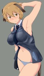 Rule 34 | 1girl, animal ears, arm up, armpits, blonde hair, blue necktie, blue panties, blush, brave witches, brown eyes, closed mouth, commentary request, cowboy shot, grey background, hand on own head, looking at viewer, military, military uniform, navel, necktie, no pants, panties, short hair, simple background, sleeveless, sleeveless jacket, smile, solo, standing, sweatdrop, tail, tanaka rikimaru, underwear, uniform, waltrud krupinski, wing collar, world witches series